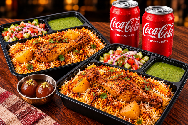 2 Karachi Biryani, 2 Gulab jamun & 2 Soda.