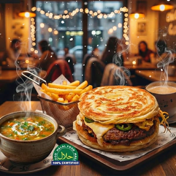 Steaming soup, fries, and a burger with paratha buns, cheese, and jalapeños in a restaurant.