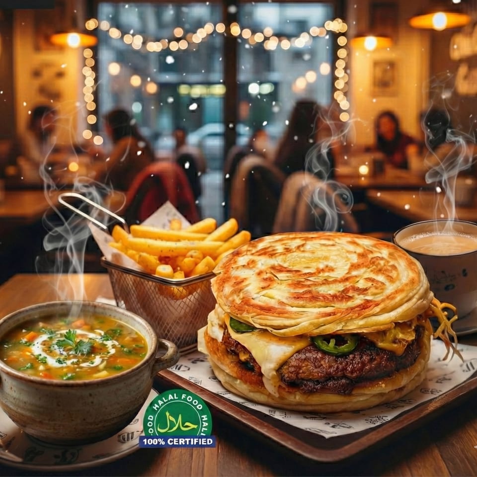 Steaming soup, fries, and a burger with paratha buns, cheese, and jalapeños in a restaurant.
