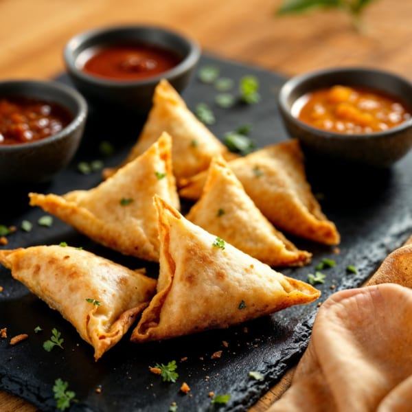 Golden-brown samosas garnished with parsley, served with three dipping sauces on a dark slate board.